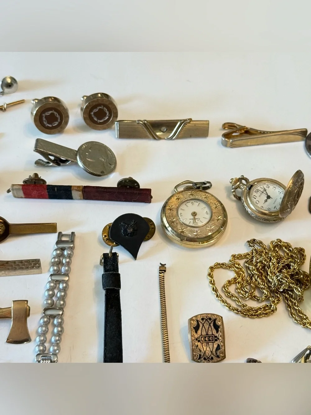 Huge Lot Of Men’s Tie Clips Cuff links Watches Junk Drawer Pins Medals